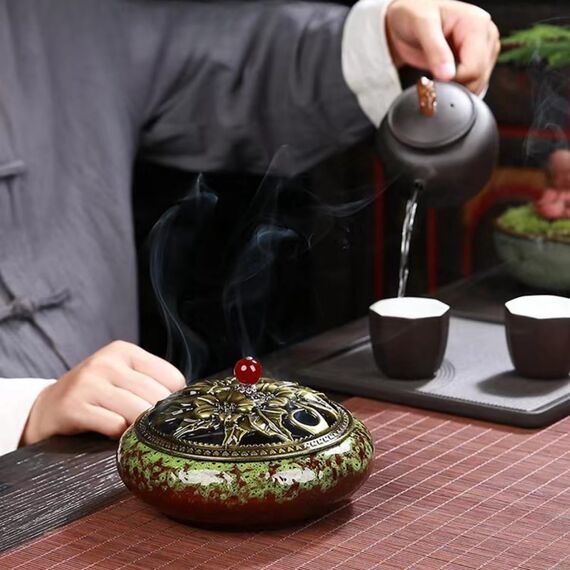 KOPYFANTAP Räucherstäbchen Halter Lotus, Keramik Räuchergefäß mit Messing Kalebassen Räucherstäbchenhalter, Einfach Asche zu Sammeln und Reinigen, Grün