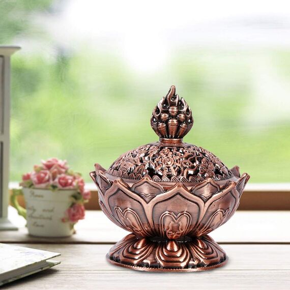 Lazmin Home Chinese Lotus Räuchergefäßhalter Flower Statue Räuchergefäß Raumdekoration(Rote Bronze)