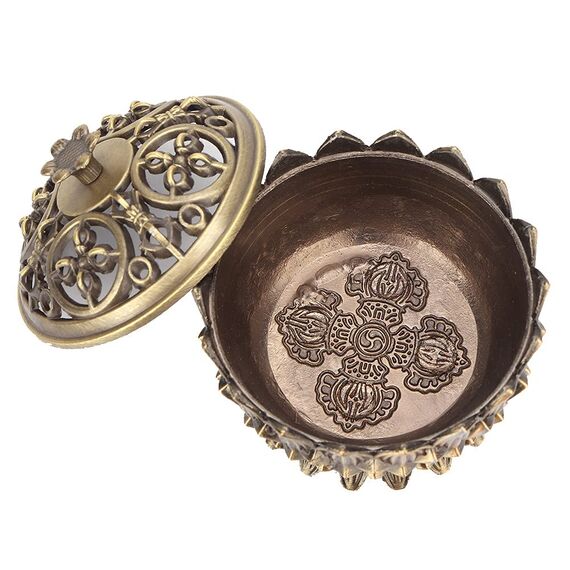 Lotus Räuchergefäß mit Deckel, 7 × 5cm Mini Hollow Räucherschale Räuchergefäß Vintage Weihrauchbehälter, Räucherstäbchenhalter für Zuhause BüroTeehaus Dekoration(Bronze)