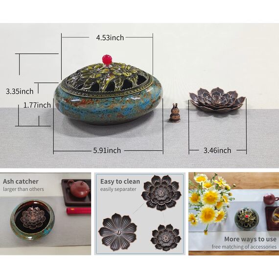 KOPYFANTAP Räucherstäbchen Halter Lotus, Keramik Räuchergefäß mit Messing Kalebassen Räucherstäbchenhalter und Metallabdeckung, Einfach Asche zu Sammeln und Reinigen, Blau