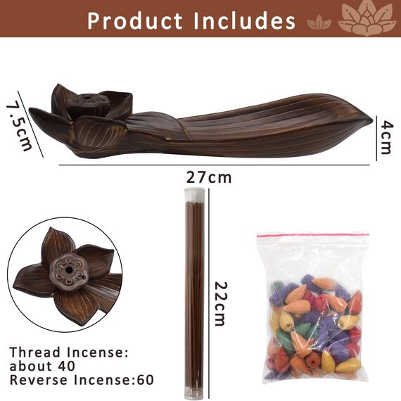 Cyiecw Keramik Lotus Räucherstäbchenhalter, Weihrauchbrenner für Räucherstäbchen mit Asche-Auffangschale, Ideal Incense Holder für Heimdekoration, Meditation und Yoga(60 Stäbchen und 40 Zapfen)