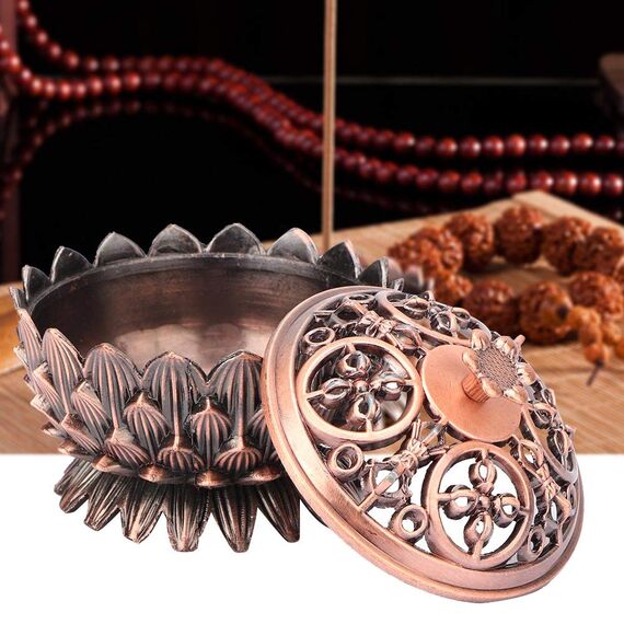 Lotus Räuchergefäß mit Deckel, 7 × 5cm Mini Hollow Räucherschale Räuchergefäß Vintage Weihrauchbehälter, Räucherstäbchenhalter für Zuhause BüroTeehaus Dekoration(Kupfer)