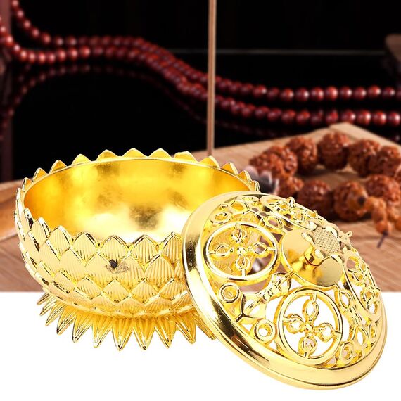 Lotus Räuchergefäß mit Deckel 7 × 5cm Mini Hollow Räucherschale Räuchergefäß Vintage Weihrauchbehälter, Räucherstäbchenhalter für Zuhause BüroTeehaus Dekoration (Gold)
