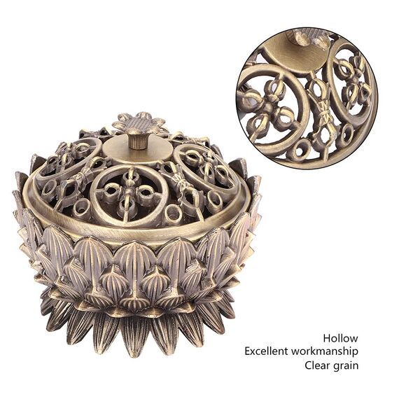 Lotus Räuchergefäß mit Deckel, 7 × 5cm Mini Hollow Räucherschale Räuchergefäß Vintage Weihrauchbehälter, Räucherstäbchenhalter für Zuhause BüroTeehaus Dekoration(Bronze)
