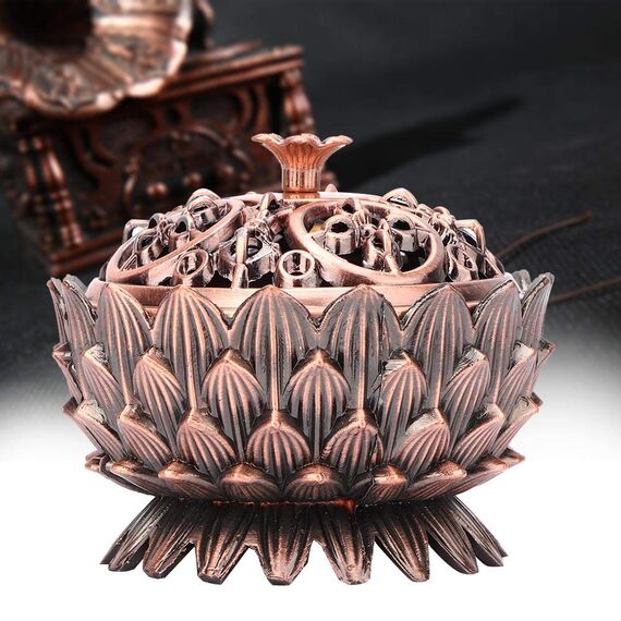 Lotus Räuchergefäß mit Deckel, 7 × 5cm Mini Hollow Räucherschale Räuchergefäß Vintage Weihrauchbehälter, Räucherstäbchenhalter für Zuhause BüroTeehaus Dekoration(Kupfer)