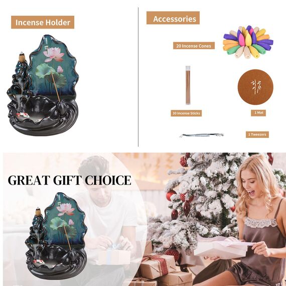 XUDREZ Zen Lotusblatt Räucherstäbchenhalter und Brenner, Raumdekoration, Rückfluss, Wasserfall mit Räucherkegeln + Stäbchen, Aromatherapie, Meditationszubehör für Zuhause