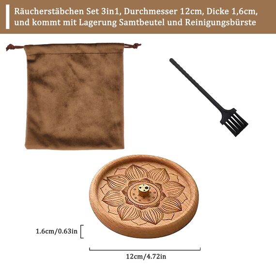 VntMQP hölzerne Lotus Räucherstäbchen Brenner Portable Set mit Räucherstäbchen Brenner Tasche und Reinigungsbürste handgefertigt für Home Decor, Meditation und Yoga (Buche)