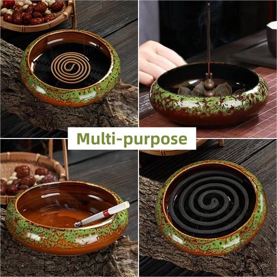 KOPYFANTAP Räucherstäbchen Halter Lotus, Keramik Räuchergefäß mit Messing Kalebassen Räucherstäbchenhalter, Einfach Asche zu Sammeln und Reinigen, Grün