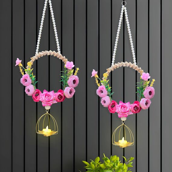 Divyakosh Stoffblumen zum Aufhängen für Heimdekoration, 2er-Set, Wand-Seitenaufhängung, Pfingstrose und Rosenblüten, Diwali & Türvolant für Hochzeit, 45,7 cm