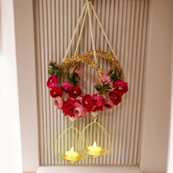 Divyakosh Stoffblumen zum Aufhängen für Heimdekoration, 2er-Set, Wand-Seitenaufhängung, Pfingstrose und Rosenblüten, Diwali & Türvolant für Hochzeit, 45,7 cm