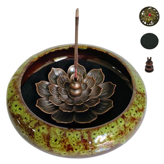 KOPYFANTAP Räucherstäbchen Halter Lotus, Keramik Räuchergefäß mit Messing Kalebassen Räucherstäbchenhalter, Einfach Asche zu Sammeln und Reinigen, Grün