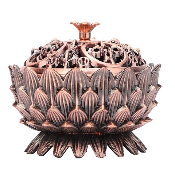 Lotus Räuchergefäß mit Deckel, 7 × 5cm Mini Hollow Räucherschale Räuchergefäß Vintage Weihrauchbehälter, Räucherstäbchenhalter für Zuhause BüroTeehaus Dekoration(Kupfer)