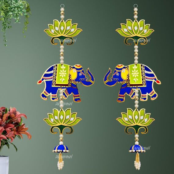Divyakosh Eingangstür-Dekorationsartikel, Türeingang hängend, grüner Lotus mit Elefant zum Aufhängen für Ganpati & Diwali Dekor|Dekoartikel für Pooja Zimmer, 2 Stück, 40,6 cm |