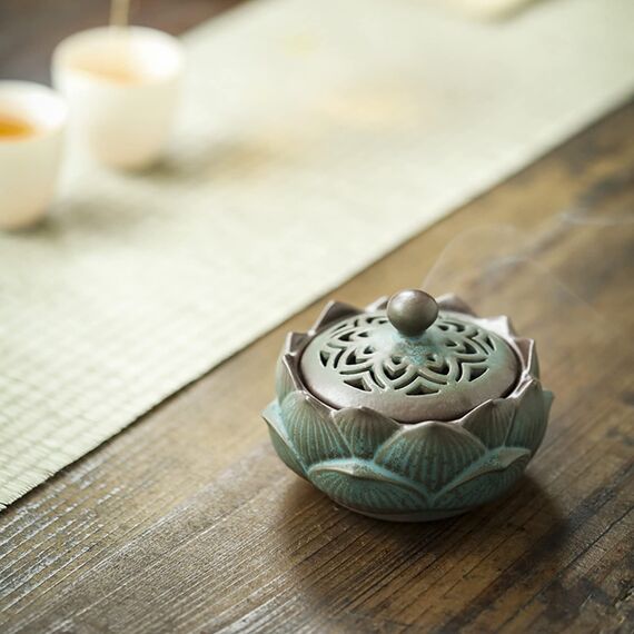 zhongguoqiaomao Räuchergefäß Lotus Keramik Weihrauchbrenner Weihrauchbehälter Räucherschälchen Räucherschale mit Deckel Räucherkegel Kupfergefäß Mini Aromatherapie Halter für Zuhause