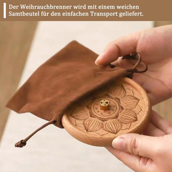 VntMQP hölzerne Lotus Räucherstäbchen Brenner Portable Set mit Räucherstäbchen Brenner Tasche und Reinigungsbürste handgefertigt für Home Decor, Meditation und Yoga (Buche)