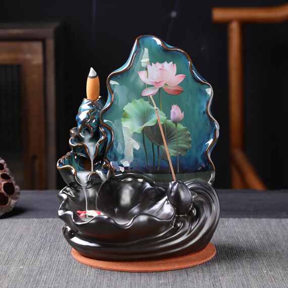 XUDREZ Zen Lotusblatt Räucherstäbchenhalter und Brenner, Raumdekoration, Rückfluss, Wasserfall mit Räucherkegeln + Stäbchen, Aromatherapie, Meditationszubehör für Zuhause