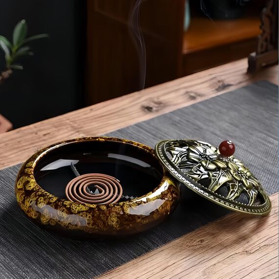 KOPYFANTAP Räucherstäbchen Halter Lotus, Keramik Räuchergefäß mit Messing Kalebassen Räucherstäbchenhalter und Metallabdeckung, Einfach Asche zu Sammeln und Reinigen, Gelb