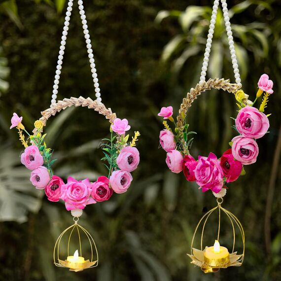 Divyakosh Stoffblumen zum Aufhängen für Heimdekoration, 2er-Set, Wand-Seitenaufhängung, Pfingstrose und Rosenblüten, Diwali & Türvolant für Hochzeit, 45,7 cm