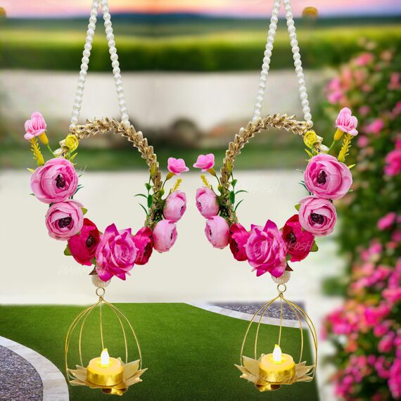 Divyakosh Stoffblumen zum Aufhängen für Heimdekoration, 2er-Set, Wand-Seitenaufhängung, Pfingstrose und Rosenblüten, Diwali & Türvolant für Hochzeit, 45,7 cm