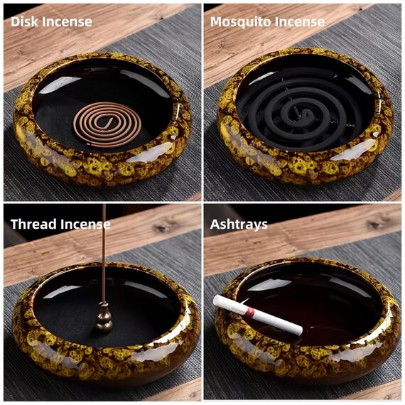 KOPYFANTAP Räucherstäbchen Halter Lotus, Keramik Räuchergefäß mit Messing Kalebassen Räucherstäbchenhalter und Metallabdeckung, Einfach Asche zu Sammeln und Reinigen, Gelb