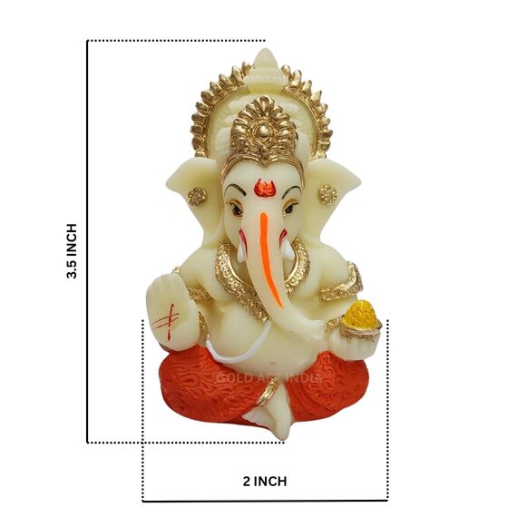 Gold Art India Ganesha-Idol aus Kunstharz für Auto, Armaturenbrett, Zuhause, Büro, Ganpati-Statue für Mandir-Dekor, handgefertigt, Ganesh Murti (Rot und Elfenbein)