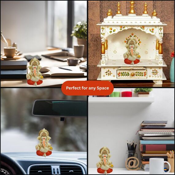 Gold Art India Ganesha-Idol aus Kunstharz für Auto, Armaturenbrett, Zuhause, Büro, Ganpati-Statue für Mandir-Dekor, handgefertigt, Ganesh Murti (Rot und Elfenbein)