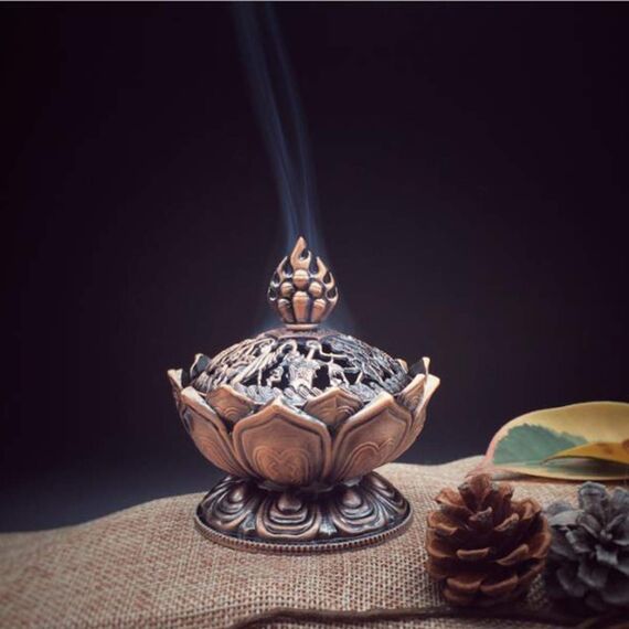 Xiuyer Räuchergefäß in Lotusform, Zinklegierung, inkl. Räucherstäbchenhalter, Lotus-Form, Vintage-Design, 2 Stück Mini-Räucherstäbchen, Räucherstäbchenbrenner