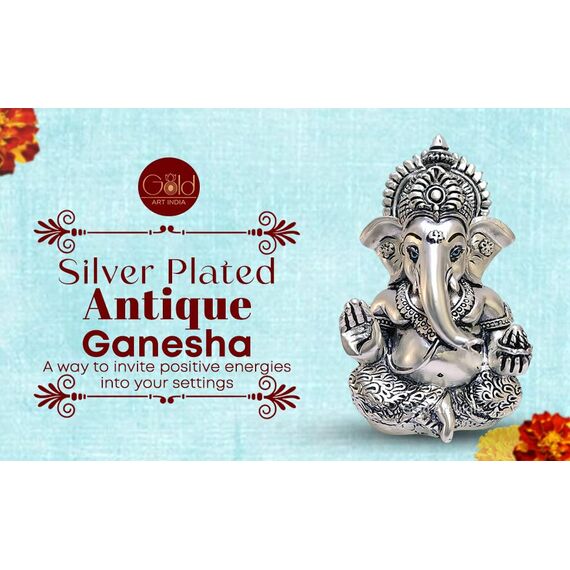 Gold Art India 999 Matt versilbert Antik Mukut Ganesha – 8,9 cm – perfekt als Geschenk, Heimdekoration, Auto-Armaturenbrett, Murti Ganpati Idol für Heimdekoration, Puja-Statue, Geschenk für Büro