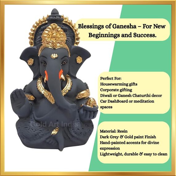 Gold Art India Dunkelgrau Ganesha Idol Ganesh für Auto Armaturenbrett Statue Ganpati Vinayaka Vinayagar Figur Diwali Geschenke Wohnkultur Glück, Erfolg