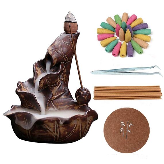 Lotus Blatt Rückfluss, Räucherstäbchenhalter, Keramik, Wasserfall-Räuchergefäß, Räucherkegel, Halter, mit 20 Räucherkegeln (Braun)