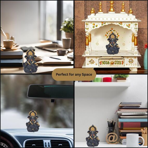 Gold Art India Dunkelgrau Ganesha Idol Ganesh für Auto Armaturenbrett Statue Ganpati Vinayaka Vinayagar Figur Diwali Geschenke Wohnkultur Glück, Erfolg