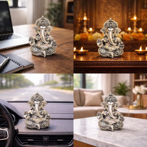 Gold Art India 999 Matt versilbert Antik Mukut Ganesha – 8,9 cm – perfekt als Geschenk, Heimdekoration, Auto-Armaturenbrett, Murti Ganpati Idol für Heimdekoration, Puja-Statue, Geschenk für Büro
