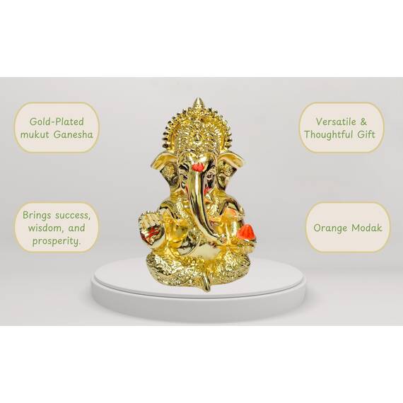Gold Art India Mukut Ganesha Idol Ganesha für Armaturenbrett, vergoldet, Ganapati Murti für Zuhause, Vinayaka-Status für Puja und Geschenk, 8,6 cm (vergoldet)