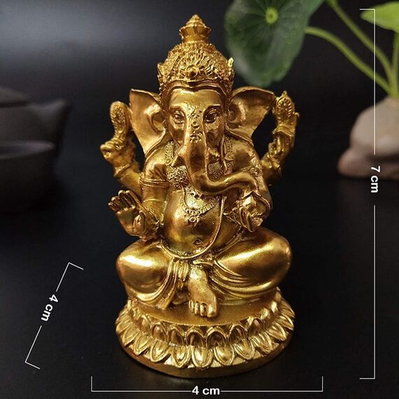 YODOOLTLY Goldfarbene Lord Ganesha Statuen, Hindu-Elefant-Gott-Statue, Kunstharz-Skulptur, indische Ganesha-Figur, handgefertigte Geschenkdekoration, Ornamente für Haus, Garten, Auto