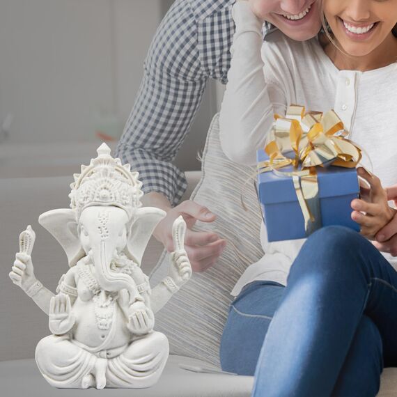 Kitchnexus Ganesha Buddha Statue Sandstein Skulptur Elefant Statue Buddha Figur (Weiß)