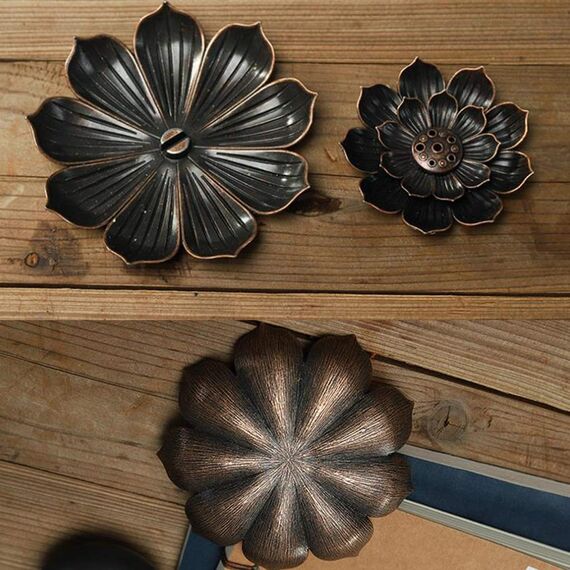 Xiuyer Räuchergefäß in Lotusform, Zinklegierung, inkl. Räucherstäbchenhalter, Lotus-Form, Vintage-Design, 2 Stück Mini-Räucherstäbchen, Räucherstäbchenbrenner