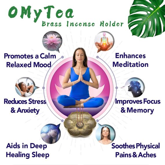 OMyTea Räucherstäbchenhalter – 13 cm Messing-Räuchergefäß mit Aschefänger für Meditation, Yoga, Heimbüro Duft (Lotus)