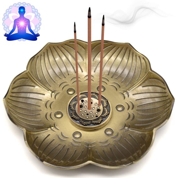 OMyTea Räucherstäbchenhalter – 13 cm Messing-Räuchergefäß mit Aschefänger für Meditation, Yoga, Heimbüro Duft (Lotus)