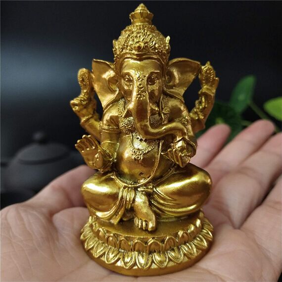 YODOOLTLY Goldfarbene Lord Ganesha Statuen, Hindu-Elefant-Gott-Statue, Kunstharz-Skulptur, indische Ganesha-Figur, handgefertigte Geschenkdekoration, Ornamente für Haus, Garten, Auto