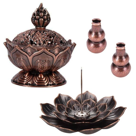 Xiuyer Räuchergefäß in Lotusform, Zinklegierung, inkl. Räucherstäbchenhalter, Lotus-Form, Vintage-Design, 2 Stück Mini-Räucherstäbchen, Räucherstäbchenbrenner