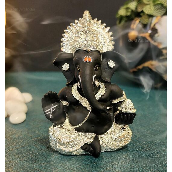 Gold Art India 999 versilbertes Idol für Ganesh Idol für Auto Armaturenbrett Gott Ganesha Idol für Home Decor Ganpati für Geschenk Silber Mukut Silber Schwarz Idol