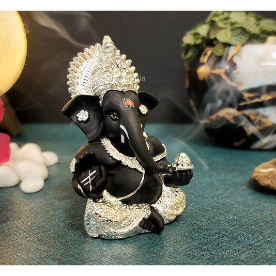 Gold Art India 999 versilbertes Idol für Ganesh Idol für Auto Armaturenbrett Gott Ganesha Idol für Home Decor Ganpati für Geschenk Silber Mukut Silber Schwarz Idol