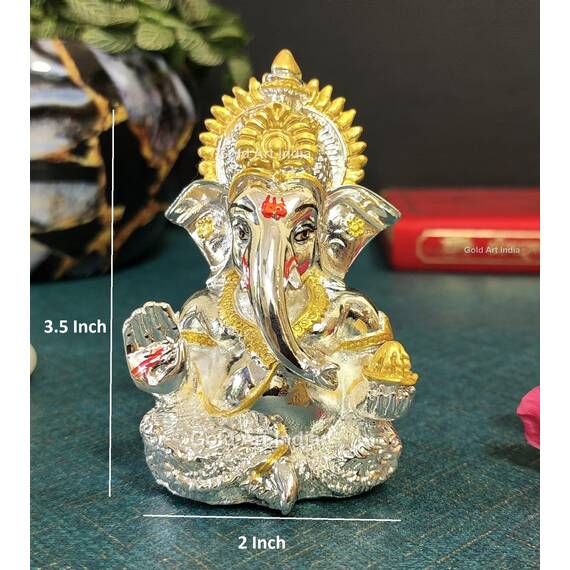 Gold Art India Ganesha-Idol mit 999er versilbertem Ganesha-Idol für Auto-Armaturenbrett, Büro- und Heimregale, Diwali Puja und als Geschenk (8,9 x 5,1 cm), Idol