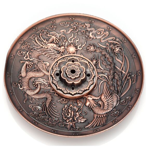 Top Plaza Messing Räucherstäbchenhalter – Kupfer Rot Lotus Stick Räuchergefäß und Konus Räucherstäbchenhalter Dragon and Phoenix Incense Holder Burner - Red Copper