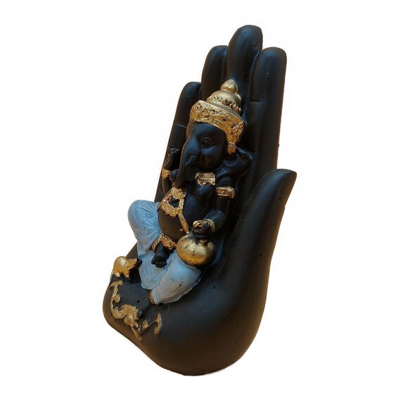 AB India Crafts Hand Palm Glücksgott Ganesha Statue Marmor Harz schwarz Gold 17x9,5x6,5 cm | Dekoration Spiritualität Glück Harmonie