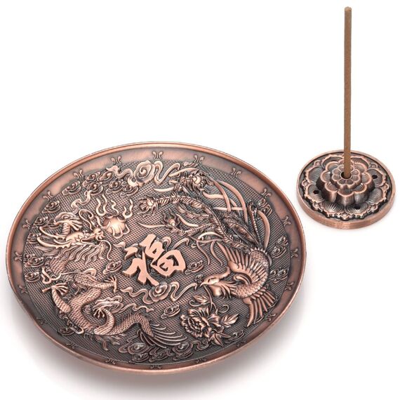 Top Plaza Messing Räucherstäbchenhalter – Kupfer Rot Lotus Stick Räuchergefäß und Konus Räucherstäbchenhalter Dragon and Phoenix Incense Holder Burner - Red Copper