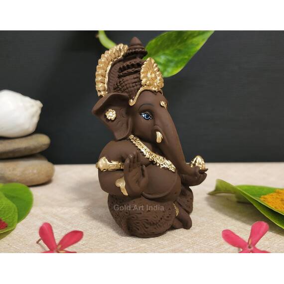 Gold Art India Braunes Terrakotta-Idol für Ganesha-Idol für Auto Armaturenbrett Gott Ganesha Idol für Heimdekoration Ganpati für Geschenk 8,9 cm (Braun Terrakotta), Idol