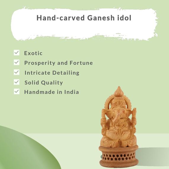 DHYANARSH Ganesha-Holzskulptur, handgeschnitzt, Gott des Wohlstandes und des Glücks, Braun