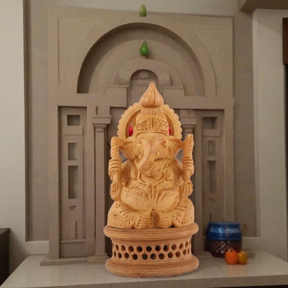 DHYANARSH Ganesha-Holzskulptur, handgeschnitzt, Gott des Wohlstandes und des Glücks, Braun