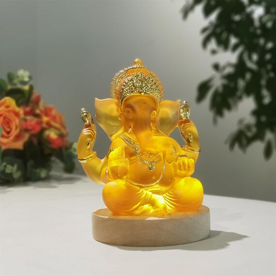 Onyqina Ganesha Statue mit LED-Lichtsockel, Ganpati Elefant Hindu-Gott Statuen, Ganesha Idol für Heimdekoration, Harz Buddha Figur Skulptur Indische Raumdekoration